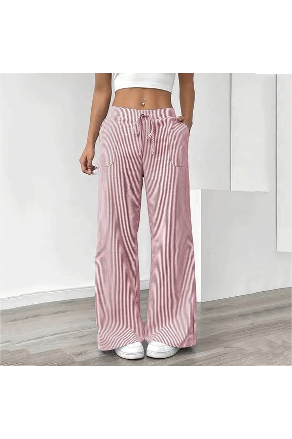 Women's Casual Wide Leg Pants, Striped Drawstring Trousers, Loose Comfort Lounge Wear for Home, Travel and Daily Relaxation,Pink,M