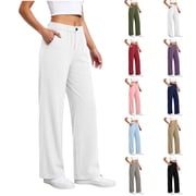 Womens Casual Wide Leg Pants Summer Linen Solid Color Loose Straight Leg Pants With Pockets Button Elastic Waist Dressy Casual Trousers