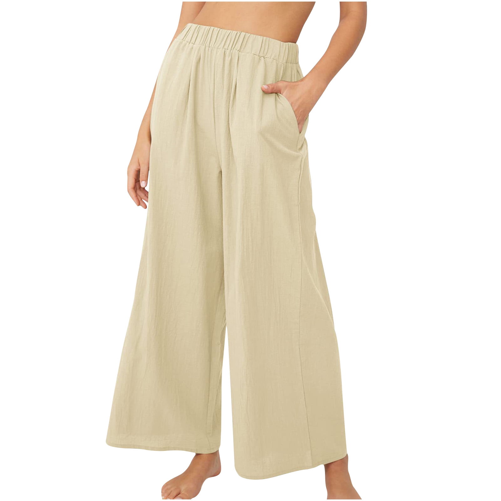 Women's Casual Wide Leg Pants Summer Solid Elastic Waist Loose Fit Yoga  Palazzo Pants with Pockets Comfy Plus Size Trousers(Khaki; L) 