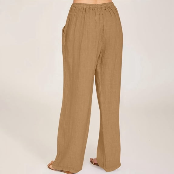 Women's Casual Wide Leg Pants Wide Leg Palazzo Pants Adjustable Tie Knot Elastic Waist Pants Beach Trousers with Pockets(Brown,S)