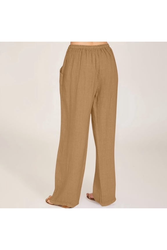 Women's Casual Wide Leg Pants Wide Leg Palazzo Pants Adjustable Tie Knot Elastic Waist Pants Beach Trousers with Pockets(Brown,S)