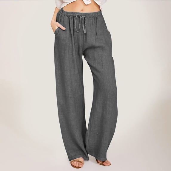 Women's Casual Wide Leg Pants Wide Leg Palazzo Pants Adjustable Tie Knot Elastic Waist Pants Beach Trousers with Pockets(Dark Gray,XXXL)