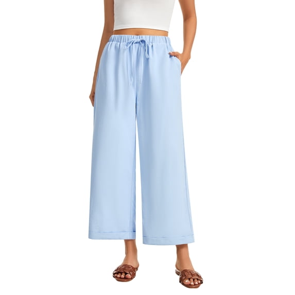 SWQZVT Women's Casual Wide Leg Pants Wide Leg Pants Drawstring Elastic Mid Waist Pants with Pockets Blue
