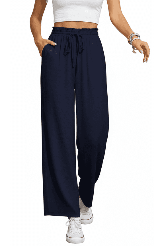 Women’s Casual Wide Leg Sweatpants Flowy Lounge Pants with Pockets Adjustable Tie Knot Elastic Waist Pajama Pants