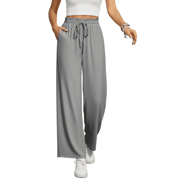 Women’s Casual Wide Leg Sweatpants Flowy Lounge Pants with Pockets Adjustable Tie Knot Elastic Waist Pajama Pants