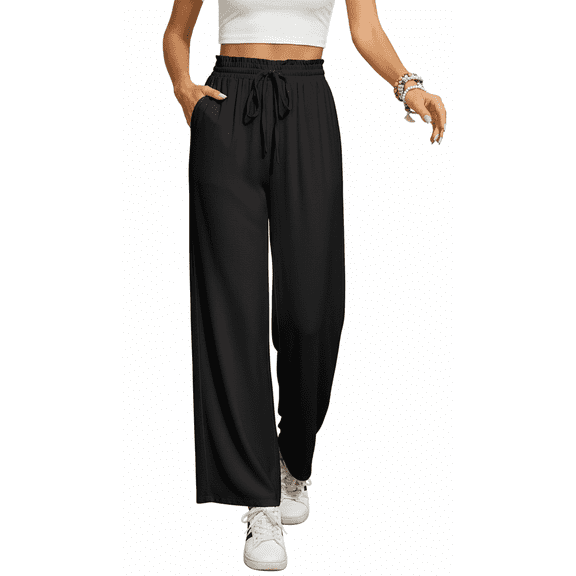 Women’s Casual Wide Leg Sweatpants Flowy Lounge Pants with Pockets Adjustable Tie Knot Elastic Waist Pajama Pants