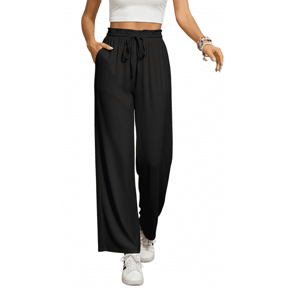 Women’s Casual Wide Leg Sweatpants Flowy Lounge Pants with Pockets Adjustable Tie Knot Elastic Waist Pajama Pants