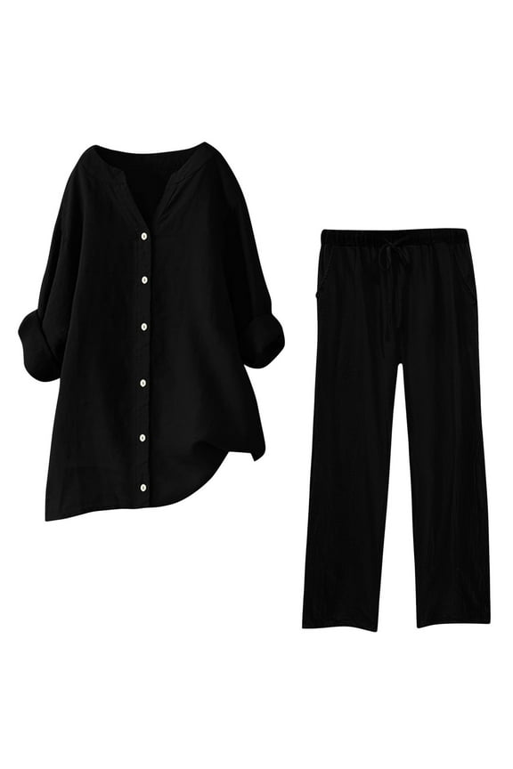 Women's Casual Wide Leg Trousers Suit Set Fashion Streetwear Outfit with V Neck Blouse and Elastic Waist Pants Comfortable Wear