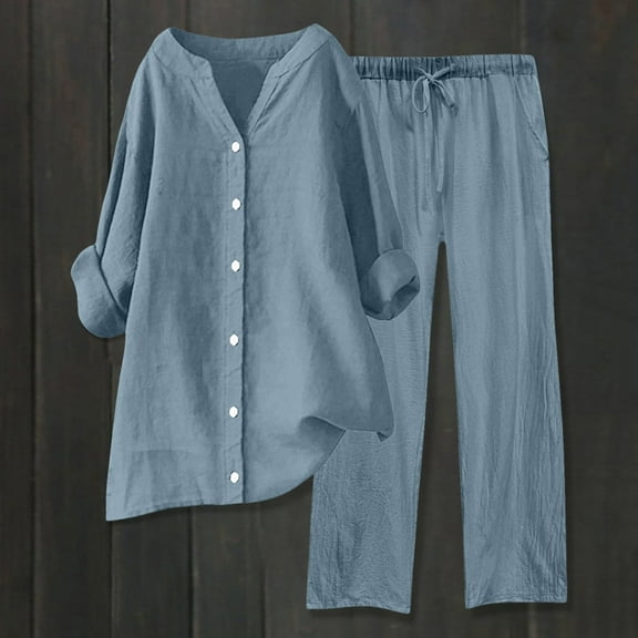 Women's Casual Wide Leg Trousers Suit Set with V Neck Blouse and Elastic Waist Pants Fashion Streetwear Outfit Comfortable Wear