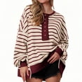 thumbnail image 1 of Women's Casual Wine Red Striped Color-Block V-Neck Long-Sleeve Button Pullover Sweatshirt, Spring Autumn Winter, XL, 1 of 14