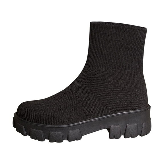 Women's Casual Winter Ankle Boots Knitted Elastic Sleeve Solid Color Round Toe Thick Sole Comfortable Footwear