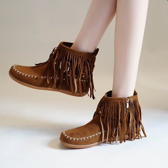 Women's Casual Winter Ankle Boots with Fringe Tassels, Round Toe, Side Zipper, Comfortable Flat Shoes for Outdoor & Indoor Wear Khaki