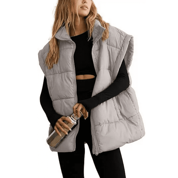 Women's Casual Winter Oversized Puffer Vest Stand Collar Flysleeve Insulated Padded Puffy Jackets Coat with Pockets