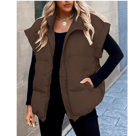 Women's Casual Winter Oversized Puffer Vest Stand Collar Flysleeve Insulated Padded Puffy Jackets Coat with Pockets