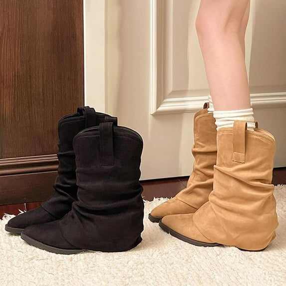 Women's Casual Winter Short Boots Pointed Toe Slouchy Mid-Calf Thick Heel Solid Color Comfortable Footwear for Outdoor Indoor Use