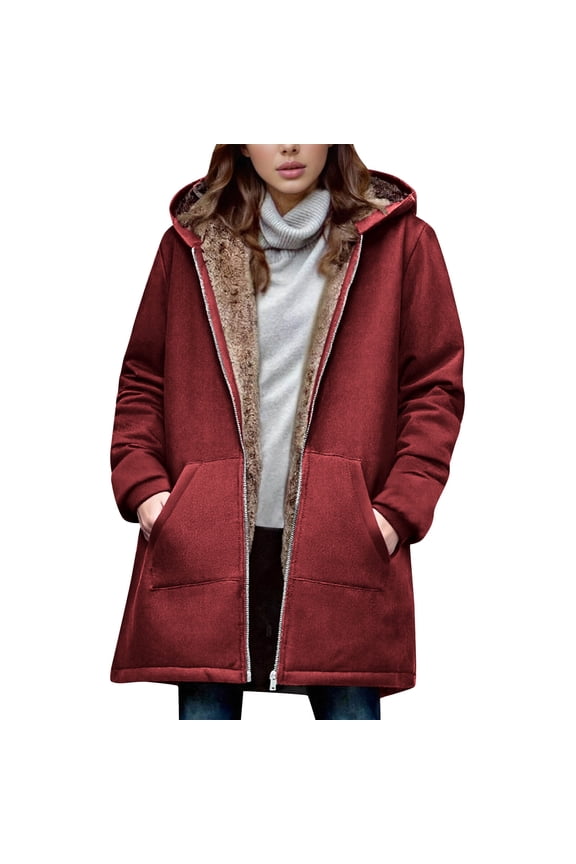 Women's Casual Winter Warm Fleece Lined Hooded Coat Long Jacket Zip Up Thick Sherpa Parka Outerwear with Pockets