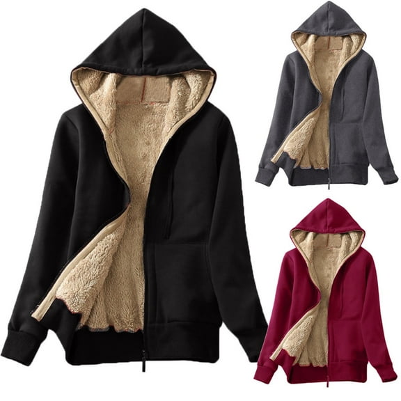 Women's Casual Winter Warm Lined Zip Up Hooded Sweatshirt Jacket Coat, Cozy and Comfortable Hooded Jacket for Casual Wear, in Burgundy, Size XXXL