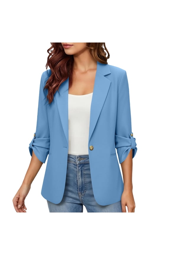 Women's Casual Work Blazer Jacket Open Front Lapel Collar 3/4 Roll up Sleeve Single Button Lightweight Blazer for Business Casual office Blue