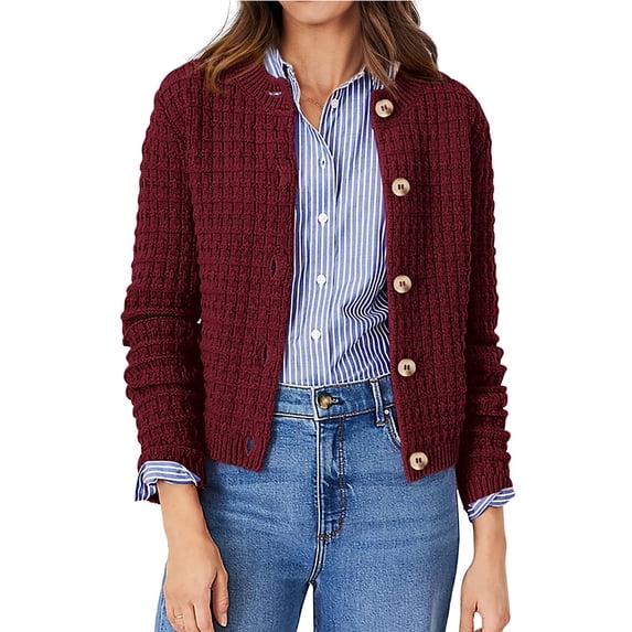 Women's Casual Work Cardigan Sweater, Cropped Button Down Textured Knit Top, Versatile Crew Neck Jacket for Office & Daily Wear