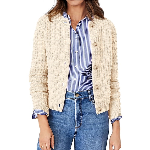 Women's Casual Work Cardigan Sweater, Cropped Button Down Textured Knit Top, Versatile Crew Neck Jacket for Office & Daily Wear