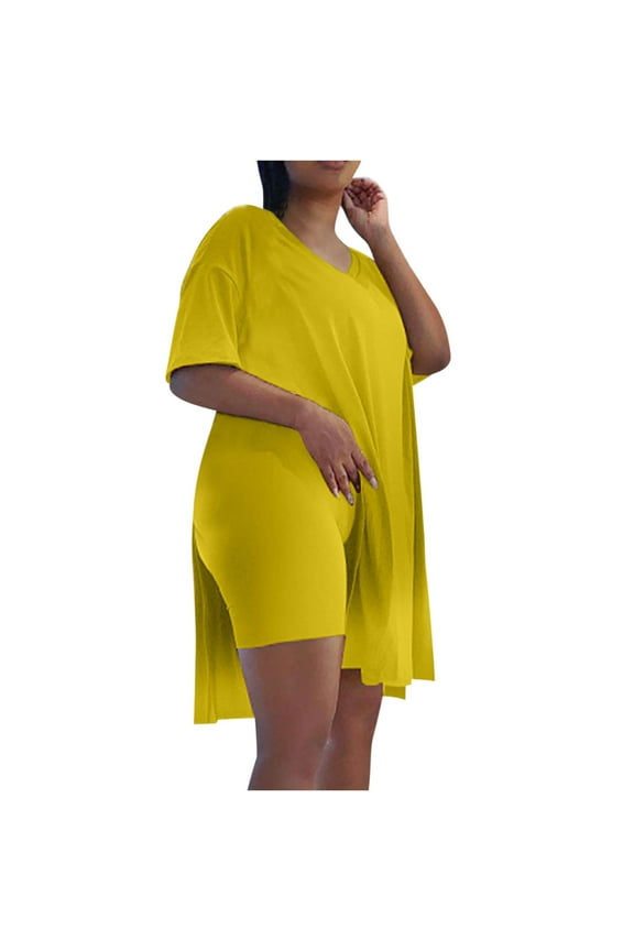 Women’s Casual Workout 2 Piece Outfits Short Sleeve V Neck Side Split Tunic Tops and Biker Shorts Set Tracksuit