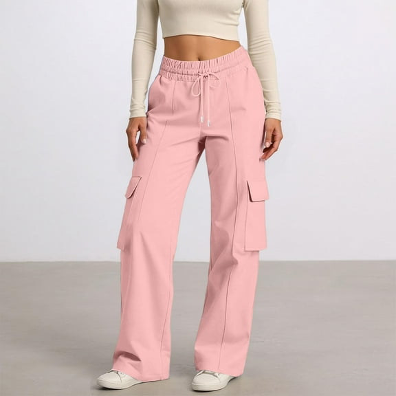 Women's Casual Workwear Pants, Elastic Waist Drawstring, Wide Leg Pocket Trousers, Solid Color Fashion Joggers, Durable and Stylish for Everyday,Pink,S