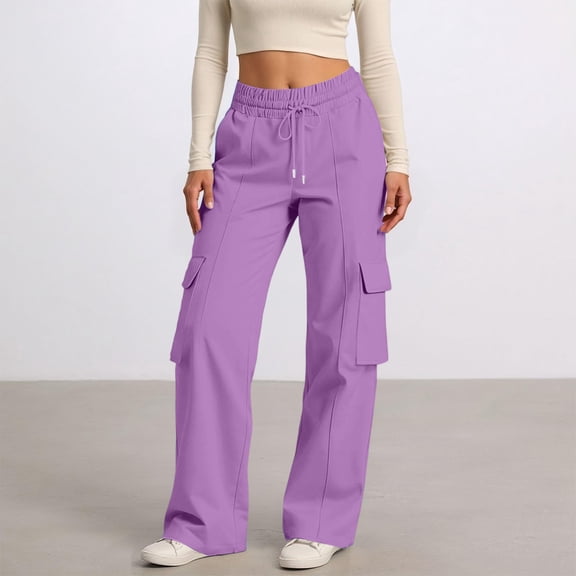 Women's Casual Workwear Pants, Elastic Waist Drawstring, Wide Leg Pocket Trousers, Solid Color Fashion Joggers, Durable and Stylish for Everyday,Purple,S