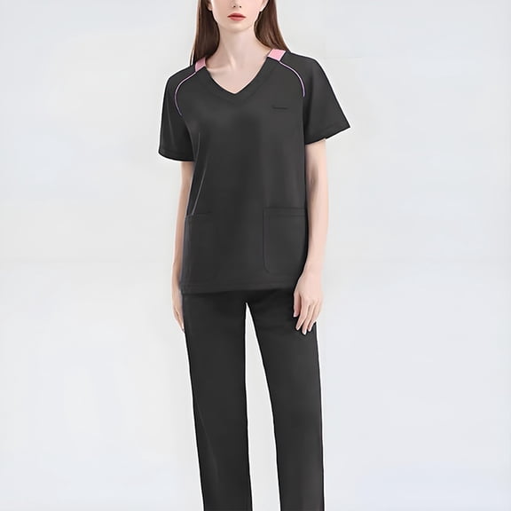 Women's Casual Workwear Set - V-Neck Breathable Scrubs Top & Tapered Jogger Pants with Convenient Multi-Pocket Design,Dark Gray S