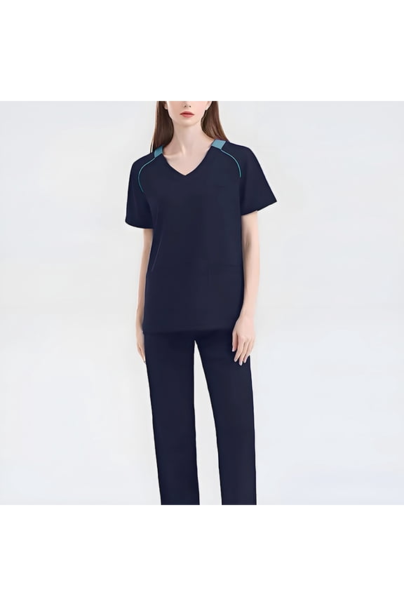 Women's Casual Workwear Set - V-Neck Breathable Scrubs Top & Tapered Jogger Pants with Convenient Multi-Pocket Design,Navy XL
