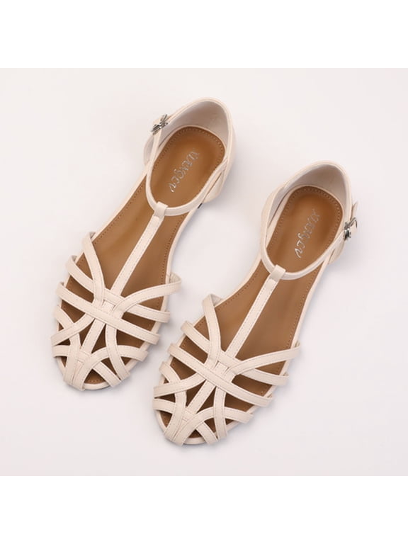 Women's Casual Woven T-Strap Flat Sandals with Open Toe & Non-Slip Rubber Outsole for Comfortable Outdoor & Indoor Wear Beige