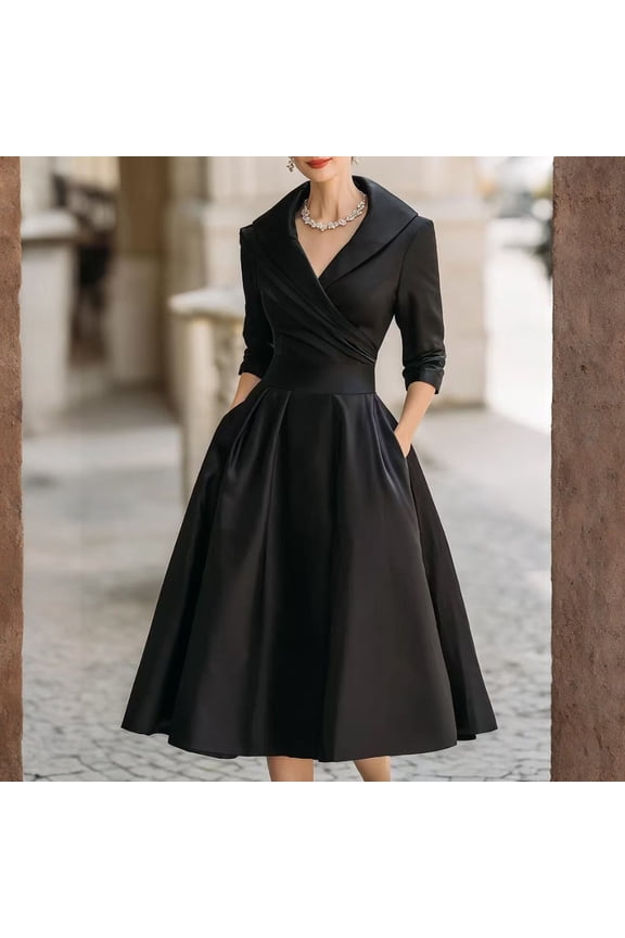Women's Casual Wrap Flared Midi Dress Wedding Guest Cocktail Tea Dresses A-Line Swing V-Neck 3/4 Sleeve Dresses Black 2XL
