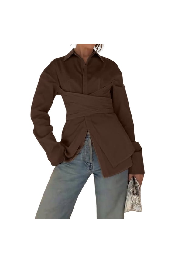 Women's Casual Wrap Front Button Down Blouses V Neck Long Sleeve Wrap Tie Work Blouse Tops Elegant Cropped Top Brown L