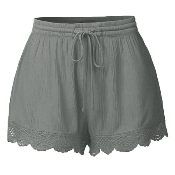 Women's Casual Yoga Shorts with Elastic Waist Drawstring Comfortable Stretch Fabric Lace Trim Ruffle Hem Linen Blend Beach Shorts