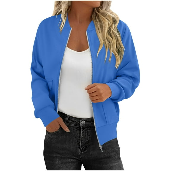 Women’s Casual Zip Up Bomber Jacket Long Sleeve Stand Collar Lightweight Sweatshirt Coat with Pockets Solid Color Fall Outerwear Top for Everyday Wear