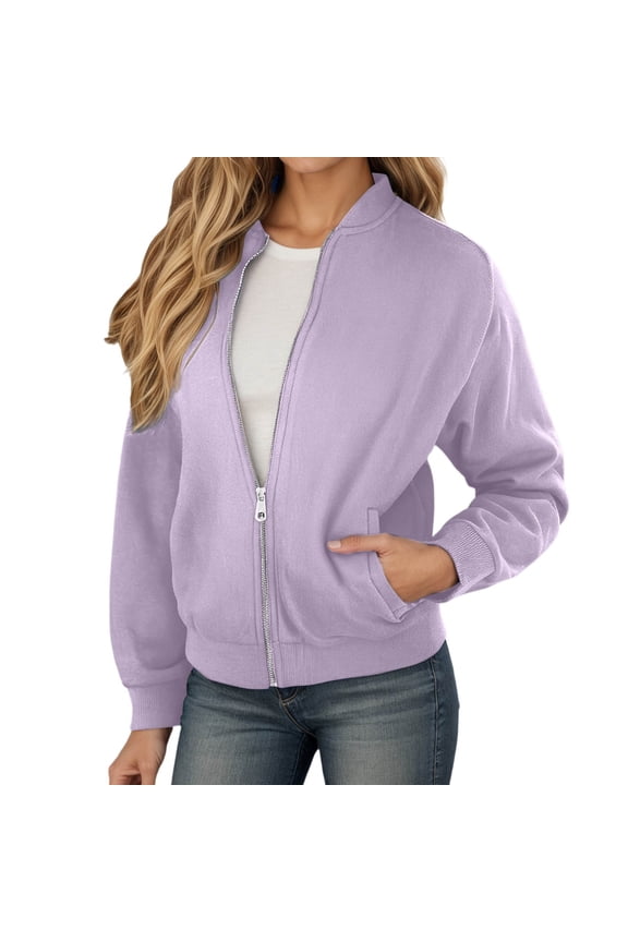 Women's Casual Zip Front Jacket for Everyday Wear Lightweight Long Sleeve Sports Coat Solid Color Outerwear for Daily Life Seasonal Style Women's Bomber Jacket Casual Coat