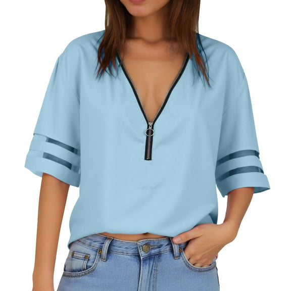 Women's Casual Zip Neck T Shirt Loose Fit Mesh Panel Half Sleeve Pullover Top Comfortable Stylish Everyday Wear Fall Fashion,Color:BU2,Size:XXL