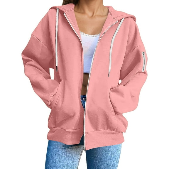 Women's Casual Zip Up Hoodie - Solid Color Loose Fit Long Sleeve Sweatshirt Jacket, Cozy and Warm Basic Hooded Outerwear for Fall and Winter