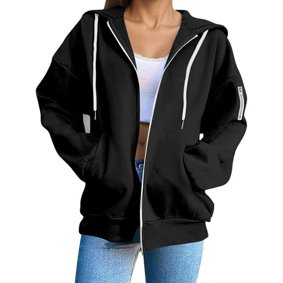 Women's Casual Zip Up Hoodie - Solid Color Loose Fit Long Sleeve Sweatshirt Jacket, Cozy and Warm Basic Hooded Outerwear for Fall and Winter