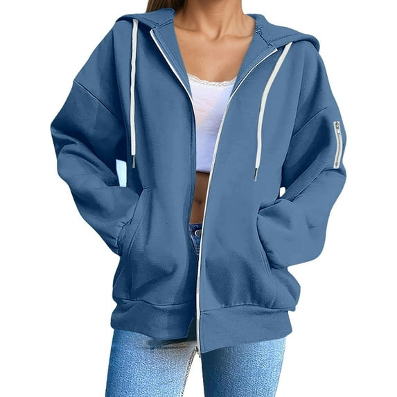 Women's Casual Zip Up Hoodie - Solid Color Loose Fit Long Sleeve Sweatshirt Jacket, Cozy and Warm Basic Hooded Outerwear for Fall and Winter