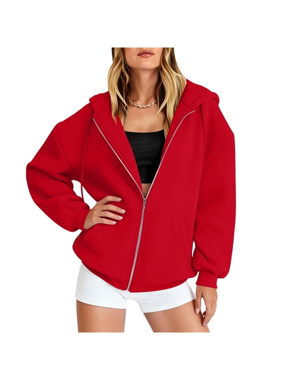 Women's Casual Zip Up Hoodies, Long Sleeve Oversized Sweatshirt, Lightweight Fashion Track Jacket for Spring Fall Red S