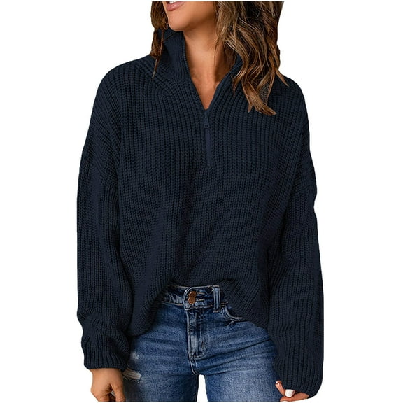 Women's Casual Zip Up Long Sleeve Solid Knitted Sweater Cable Knit Stand Collar Cozy Pullover Jumper Tops Sweaters Womens Clothes
