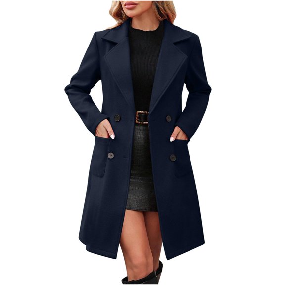 Women's Casual and Fashion Jacket Solid Color Lapel Double Button with Pockets Coat, Perfect for Daily Use and Casual Activities,Navy,2XL