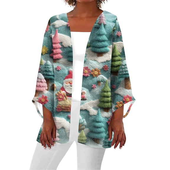 Women's Casual and Fashionable Christmas Printed Lightweight Mid-Length Jacket Cardigan, for Spring and Fall Wear,Cyan,L