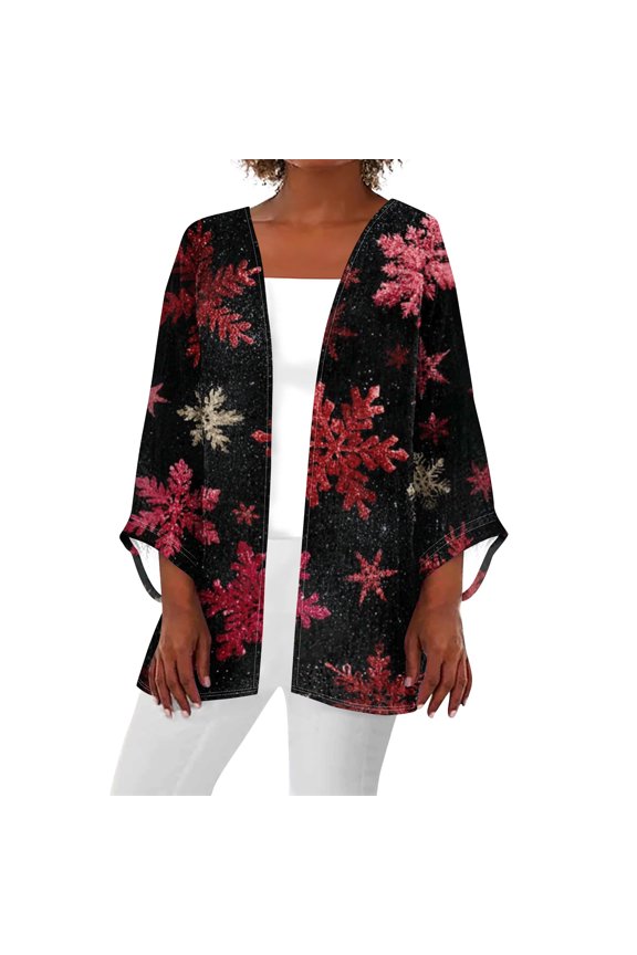 Women's Casual and Fashionable Christmas Printed Lightweight Mid-Length Jacket Cardigan, for Spring and Fall Wear,Deep Red,L