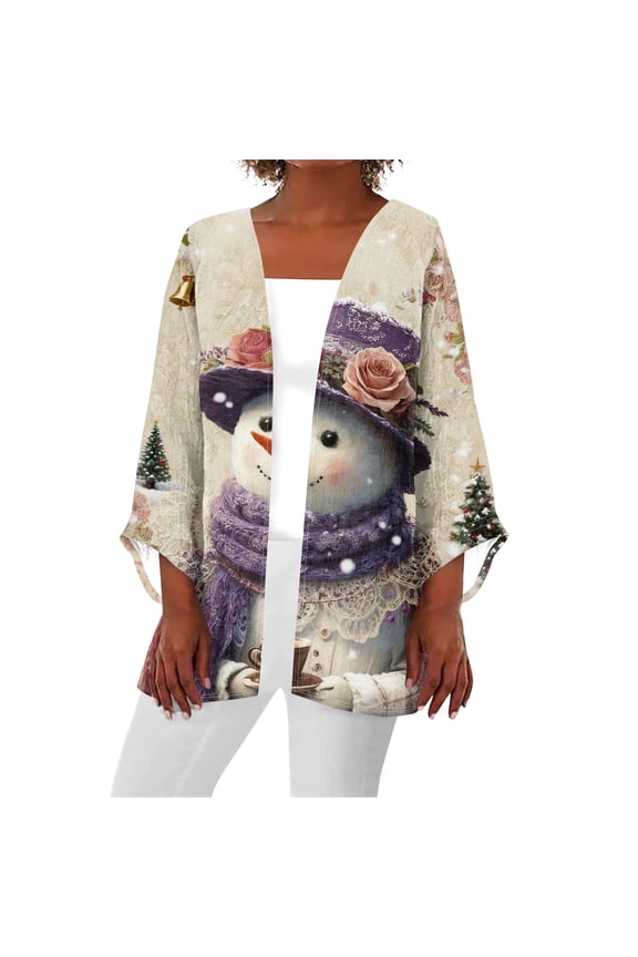 Women's Casual and Fashionable Christmas Printed Lightweight Mid-Length Jacket Cardigan, for Spring and Fall Wear,Khaki,M