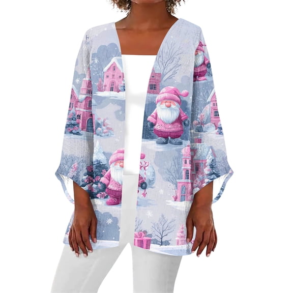 Women's Casual and Fashionable Christmas Printed Lightweight Mid-Length Jacket Cardigan, for Spring and Fall Wear,Light Purple,L