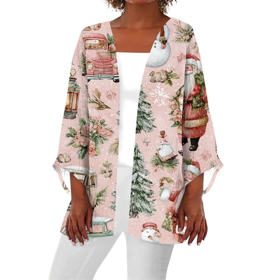 Women's Casual and Fashionable Christmas Printed Lightweight Mid-Length Jacket Cardigan, for Spring and Fall Wear,Light pink,L