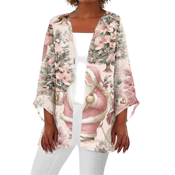 Women's Casual and Fashionable Christmas Printed Lightweight Mid-Length Jacket Cardigan, for Spring and Fall Wear,Pink,L
