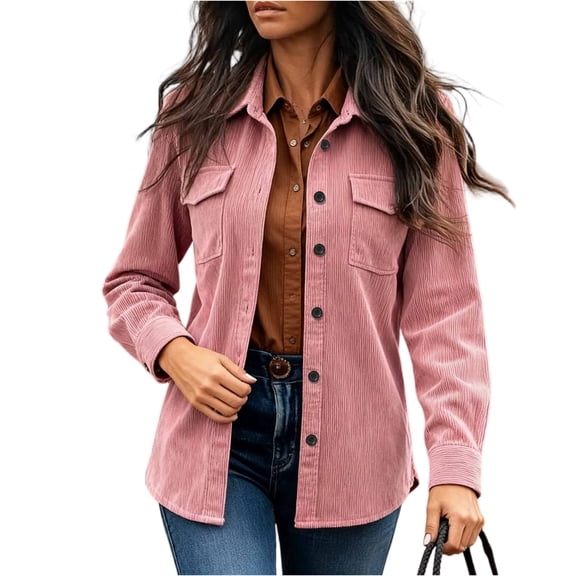 Women's Casual and Fashionable Corduroy Shirt Jacket, Perfect for Outdoor Activities and Casual Fashion with Easy Wear,Pink,XL