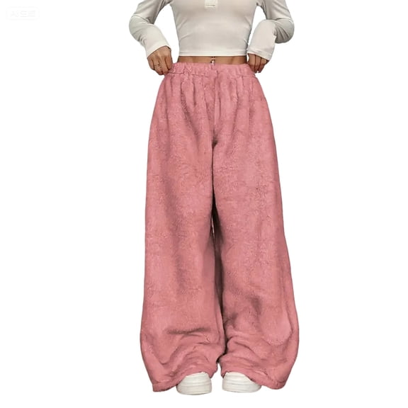 Women's Casual and Fashionable Elastic Waist Loose Wide Leg Pants with Plush Lining for Winter and Lounge Wear,Watermelon Red,L